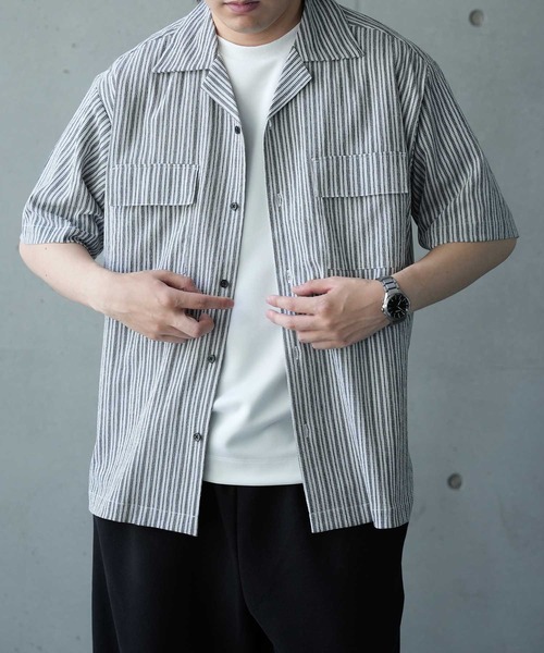 UNION STATION（ユニオンステーション）の「シャーリングストライプオープンカラーシャツ（シャツ/ブラウス・メンズ・ブラック系その他/ベージュ系その他・M/L）」の11枚目の写真