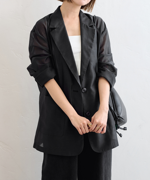 【美品】Spick&span 黒のLサイズジャケット セール】シアーオーバージャケット（テーラードジャケット）｜U