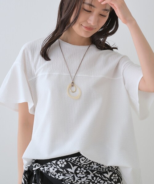 tシャツ 「洗える／体型カバー」凹凸素材フレアデザイントップス レディース 洗える／体型カバー】凹凸素材フレアデザイントップス
