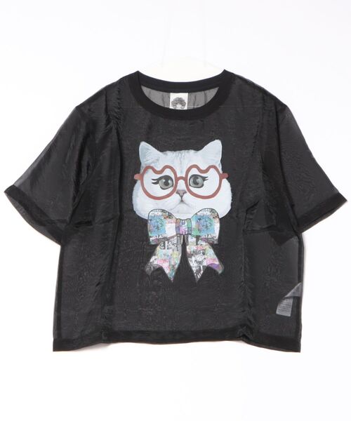 トップス SALE ScoLar スカラー 152661 眼鏡リボンネコ柄シアープルオーバー カジュアル ガーリー 猫 原宿系 個性的 ポイント ScoLar スカラー レディース トップス プルオーバー スカラー