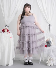 【4Lー6L】チュールフリルドールティアードキャミワンピース