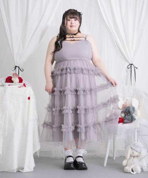 4Lー6L】チュールフリルドールティアードキャミワンピース（ワンピース