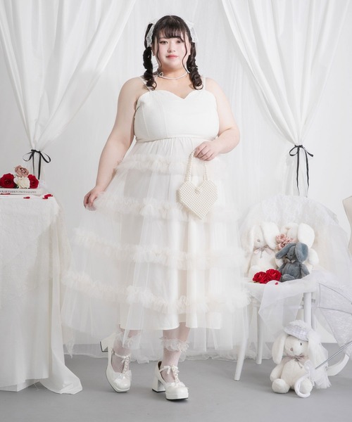 4Lー6L】チュールフリルドールティアードキャミワンピース（ワンピース