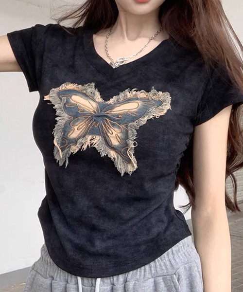 A'GEM/9 × .kom 『.KOM/ドットケーオーエム』 /蝶ギャザーTシャツ .KOM