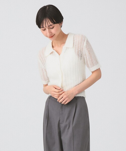 Ray BEAMS（レイビームス）の「シャギー メッシュ ポロ カーディガン（ニット/セーター・レディース・オフホワイト/レッド系その他・ONE SIZE）」の3枚目の写真