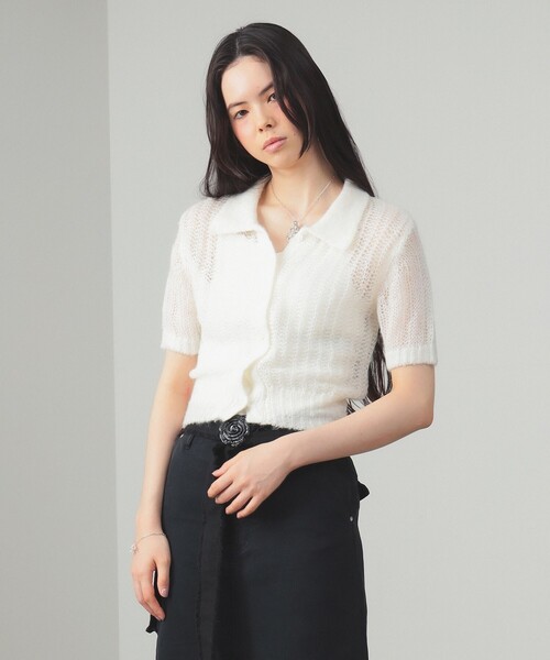 Ray BEAMS（レイビームス）の「シャギー メッシュ ポロ カーディガン（ニット/セーター・レディース・オフホワイト/レッド系その他・ONE SIZE）」の8枚目の写真