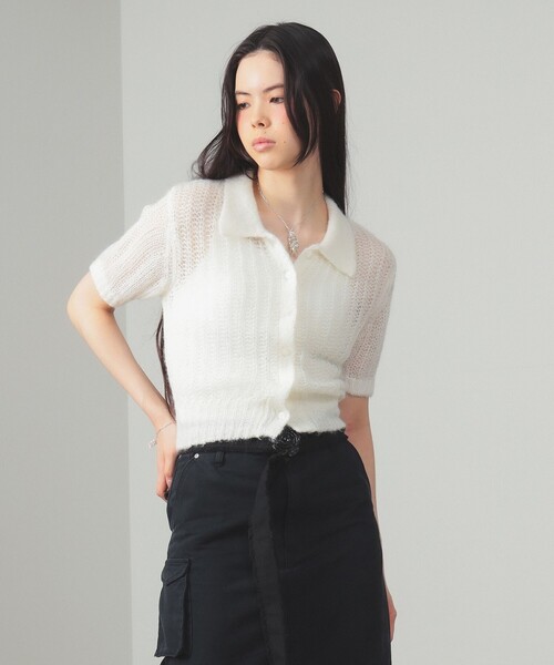 Ray BEAMS（レイビームス）の「シャギー メッシュ ポロ カーディガン（ニット/セーター・レディース・オフホワイト/レッド系その他・ONE SIZE）」の9枚目の写真