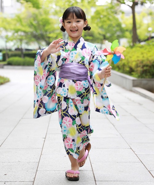 セール！　浴衣　変わり織り　うちわ✕なでしこ　即日発送可 子供浴衣 変わり織り浴衣2点セット（浴衣）｜和なでしこ