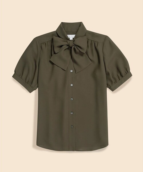 セール】ポリエステルツイル ショートスリーブ ボウタイブラウス