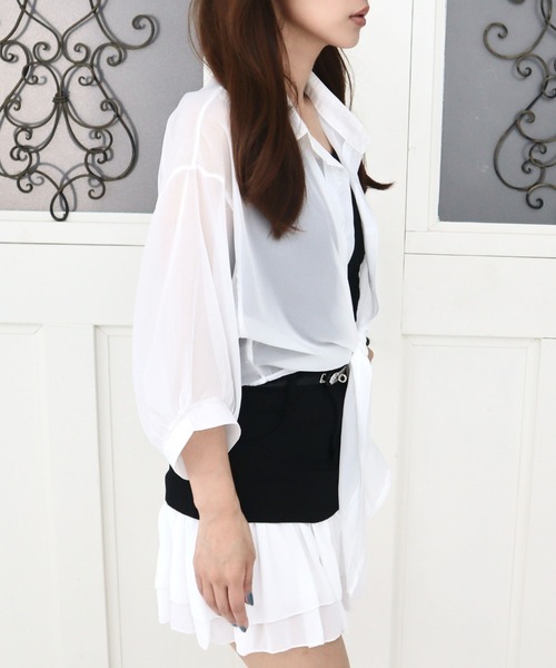 CECIL McBEE（セシルマクビー）の「シアー前結びシャツ（シャツ/ブラウス・レディース・オフホワイト/ブラック・MEDIUM）」の6枚目の写真