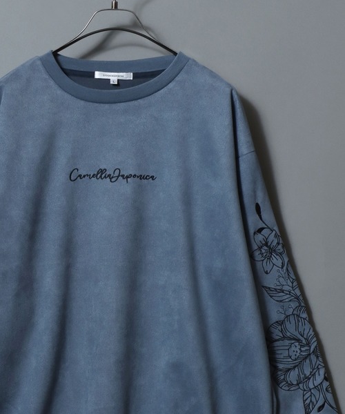 ANPAS(アンパス)の「Cut Suede Floral-Embroidered Sleeve Sweatshirt /カットスエード 袖花柄刺繍 トレーナー オーバーサイズ スウェット トップス メンズ レディース ユニセックス きれいめ(スウェット・メンズ・サックスブルー/アイボリー/チャコール・L/M)」の3枚目の写真