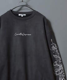 Cut Suede Floral-Embroidered Sleeve Sweatshirt /カットスエード 袖花柄刺繍 トレーナー オーバーサイズ スウェット トップス メンズ レディース ユニセックス きれいめ