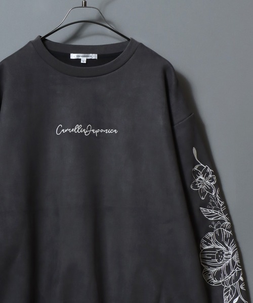 ANPAS(アンパス)の「Cut Suede Floral-Embroidered Sleeve Sweatshirt /カットスエード 袖花柄刺繍 トレーナー オーバーサイズ スウェット トップス メンズ レディース ユニセックス きれいめ(スウェット・メンズ・サックスブルー/アイボリー/チャコール・L/M)」の1枚目の写真