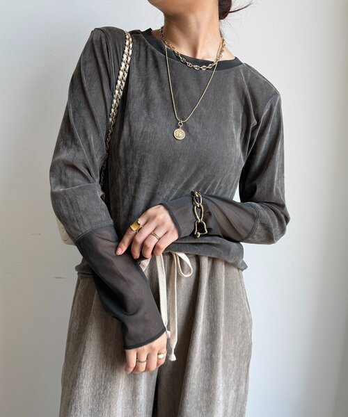 DouDou（ドゥドゥ）の「【新色追加】チュールフロッキーシアー切替TEE（Tシャツ/カットソー・レディース・ブラック/オフホワイト/グレー/ブラウン・FREE）」の3枚目の写真