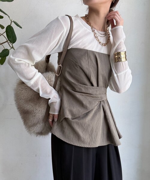 DouDou（ドゥドゥ）の「【新色追加】チュールフロッキーシアー切替TEE（Tシャツ/カットソー・レディース・ブラック/オフホワイト/グレー/ブラウン・FREE）」の2枚目の写真