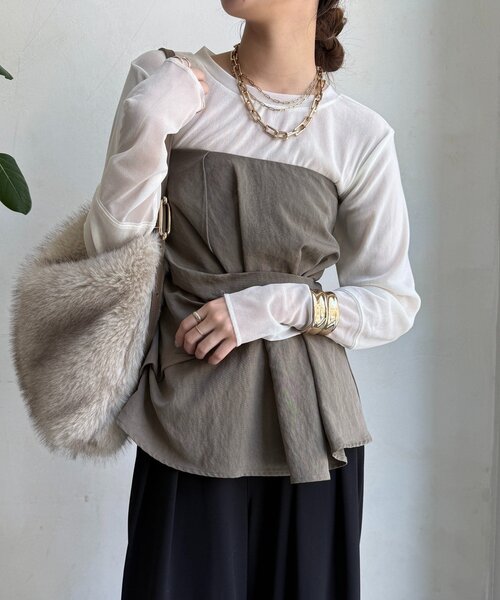 DouDou（ドゥドゥ）の「【新色追加】チュールフロッキーシアー切替TEE（Tシャツ/カットソー・レディース・ブラック/オフホワイト/グレー/ブラウン・FREE）」の20枚目の写真