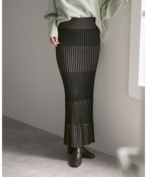 追加》【洗える】ランダムバイカラーリブニットスカート（スカート