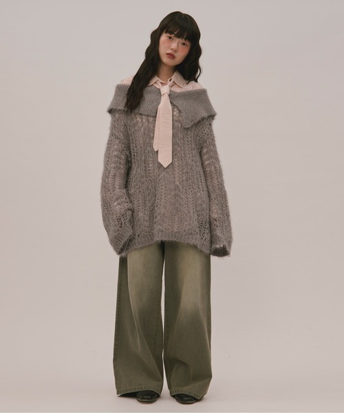 loin nuit ロワンニュイ mideal チェックデザインフレアVニット loin