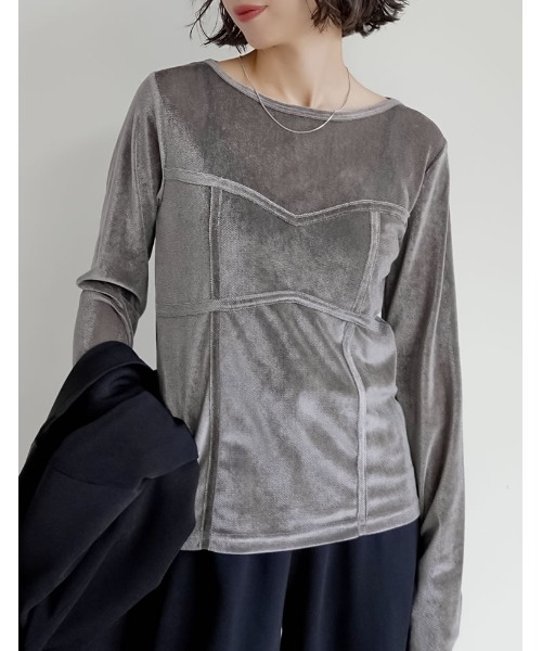 Re:EDIT(リエディ)の「シアーベロアビスチェドッキングトップス(Tシャツ/カットソー・レディース・ブラック/ホワイト/グレー/ブラウン・MEDIUM/LARGE)」の14枚目の写真