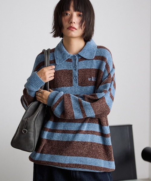 PBLIM（ページボーイリム）の「《UNISEX》ベロアボーダーニット（ニット/セーター・レディース・ブルー/イエロー・FREE）」の5枚目の写真