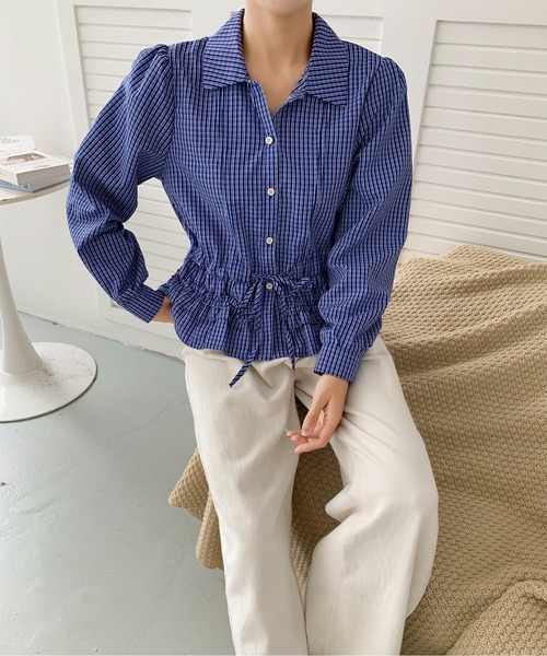 aimoha(アイモハ)の「ウエスト ギャザー チェック シャツ ブラウス(シャツ/ブラウス・レディース・ライトブルー/ネイビー・FREE)」の15枚目の写真
