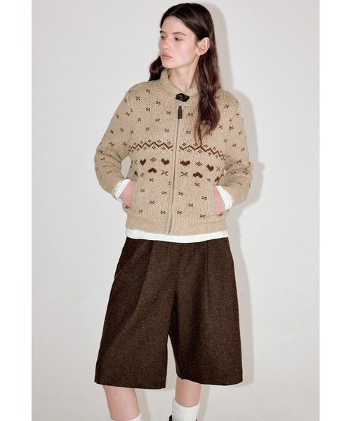 装飾的なパターンのブラウンカーディガン セール】ウール ショートニットカーディガン FD25S006【Fano Studios