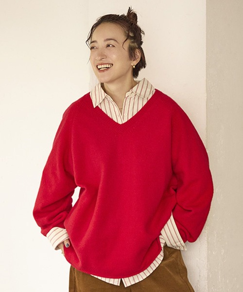 セール】7ゲージウールミックスステッチVネックニット（ニット