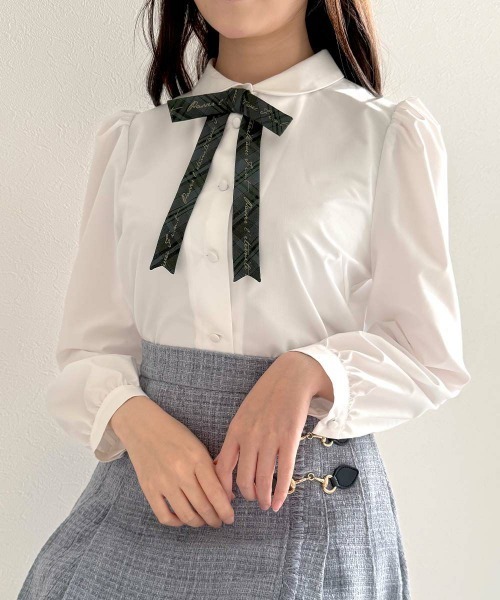 F i.n.t（フィント）の「チェックロゴリボンタイ付きブラウス（シャツ/ブラウス・レディース・ホワイト×グリーン/ライトベージュ・FREE）」の7枚目の写真