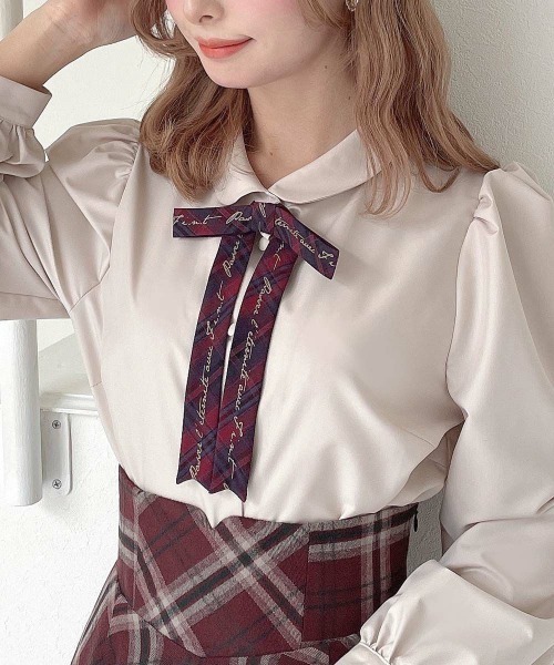 F i.n.t（フィント）の「チェックロゴリボンタイ付きブラウス（シャツ/ブラウス・レディース・ホワイト×グリーン/ライトベージュ・FREE）」の10枚目の写真