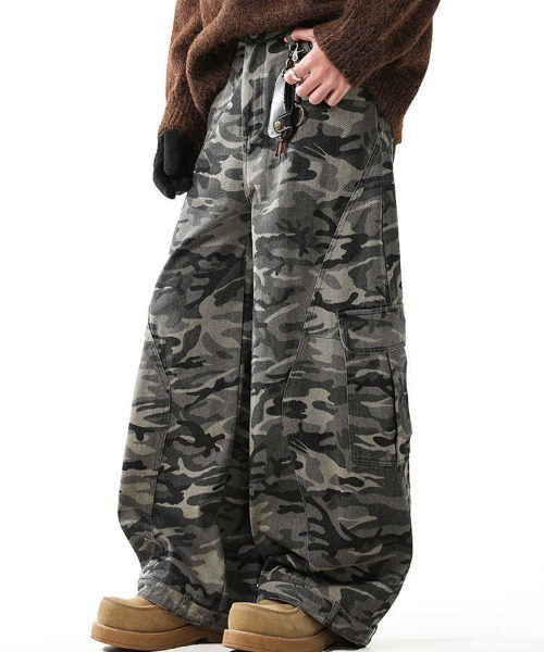 セール】【26年春夏新作】迷彩柄ミリタリーワイドバギーカーブカーゴ