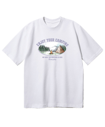 キャンプ水彩画ドローイングオーバーサイズ半袖Tシャツ[ホワイト]