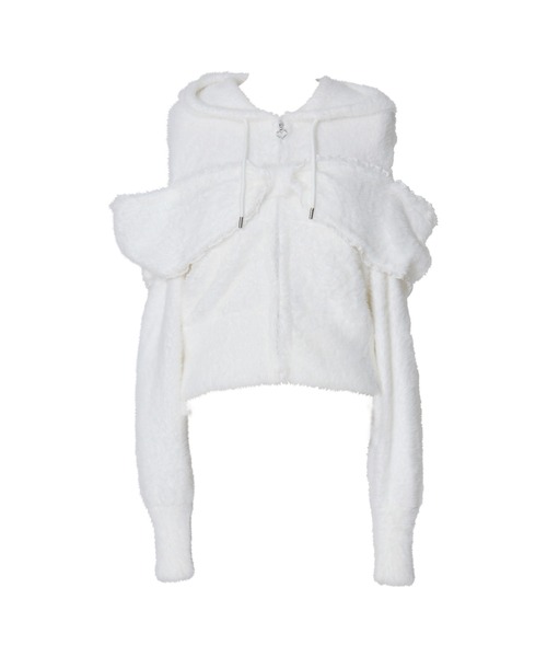 AVENCHUMU（アバンチュウム）の「Ribbon shoulder zip shaggy knit hoodie（パーカー・レディース・ピンク/ホワイト/ブラック・FREE）」の2枚目の写真