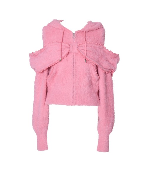 Худи с меховой молнией и лентой на плече — shaggy knit hood
