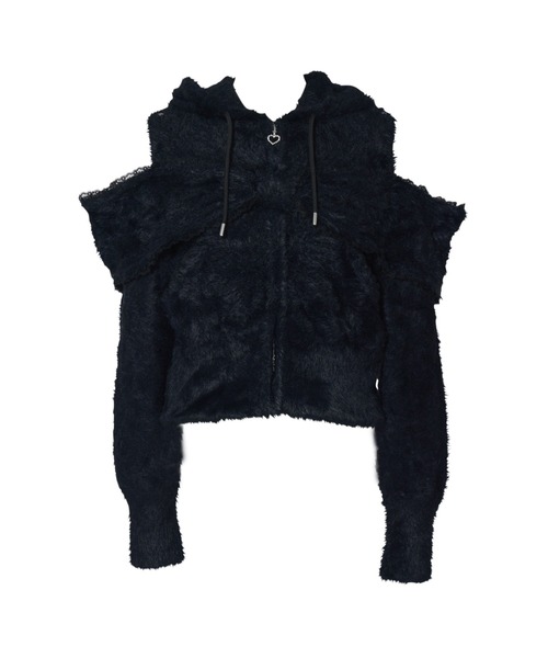 AVENCHUMU（アバンチュウム）の「Ribbon shoulder zip shaggy knit hoodie（パーカー・レディース・ピンク/ホワイト/ブラック・FREE）」の3枚目の写真