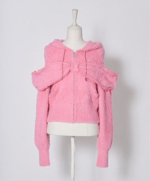 AVENCHUMU（アバンチュウム）の「Ribbon shoulder zip shaggy knit hoodie（パーカー・レディース・ピンク/ホワイト/ブラック・FREE）」の18枚目の写真