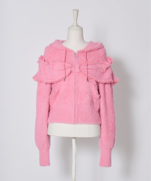 AVENCHUMU（アバンチュウム）の「Ribbon shoulder zip shaggy knit hoodie（パーカー・レディース・ピンク/ホワイト/ブラック・FREE）」の19枚目の写真