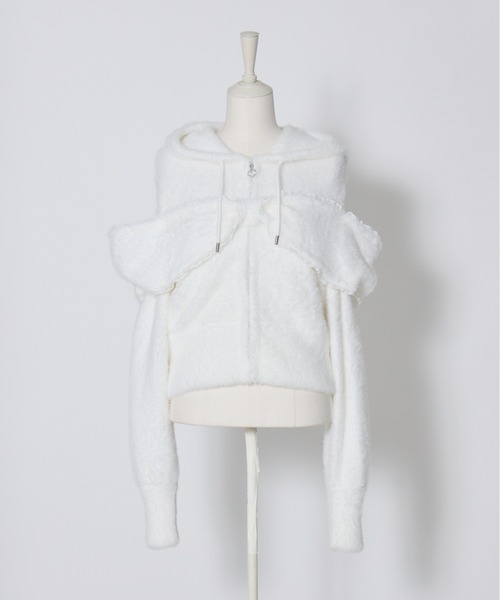 AVENCHUMU（アバンチュウム）の「Ribbon shoulder zip shaggy knit hoodie（パーカー・レディース・ピンク/ホワイト/ブラック・FREE）」の16枚目の写真