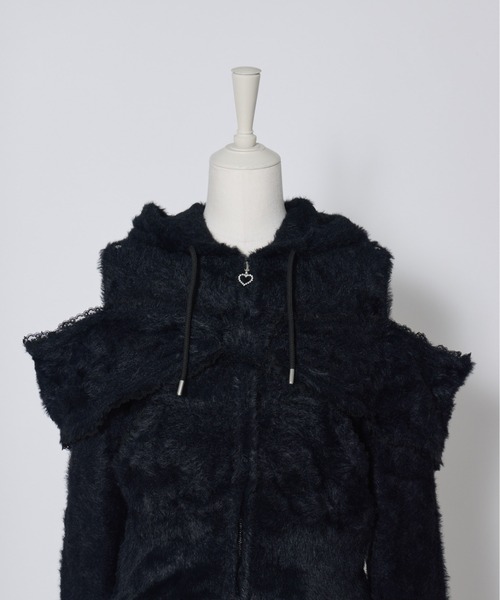 AVENCHUMU（アバンチュウム）の「Ribbon shoulder zip shaggy knit hoodie（パーカー・レディース・ピンク/ホワイト/ブラック・FREE）」の5枚目の写真