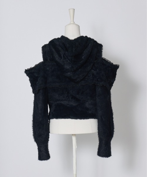 AVENCHUMU（アバンチュウム）の「Ribbon shoulder zip shaggy knit hoodie（パーカー・レディース・ピンク/ホワイト/ブラック・FREE）」の4枚目の写真