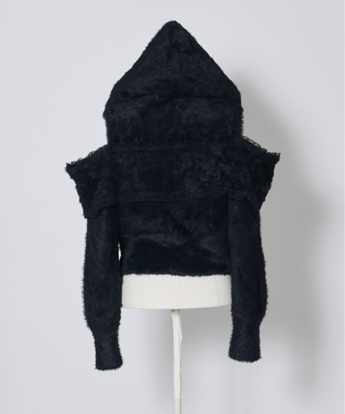 AVENCHUMU（アバンチュウム）の「Ribbon shoulder zip shaggy knit hoodie（パーカー・レディース・ピンク/ホワイト/ブラック・FREE）」の12枚目の写真
