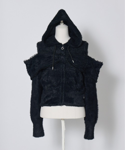 AVENCHUMU（アバンチュウム）の「Ribbon shoulder zip shaggy knit hoodie（パーカー・レディース・ピンク/ホワイト/ブラック・FREE）」の11枚目の写真
