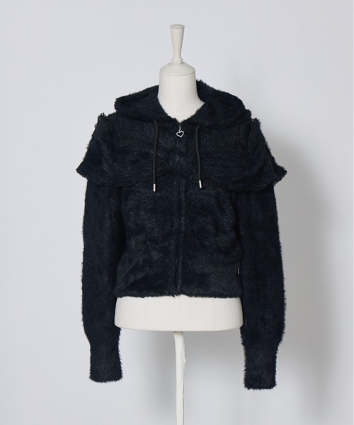 AVENCHUMU（アバンチュウム）の「Ribbon shoulder zip shaggy knit hoodie（パーカー・レディース・ピンク/ホワイト/ブラック・FREE）」の13枚目の写真