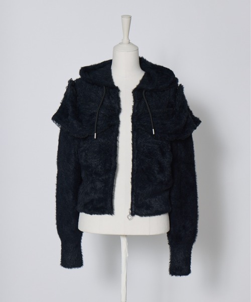 AVENCHUMU（アバンチュウム）の「Ribbon shoulder zip shaggy knit hoodie（パーカー・レディース・ピンク/ホワイト/ブラック・FREE）」の14枚目の写真