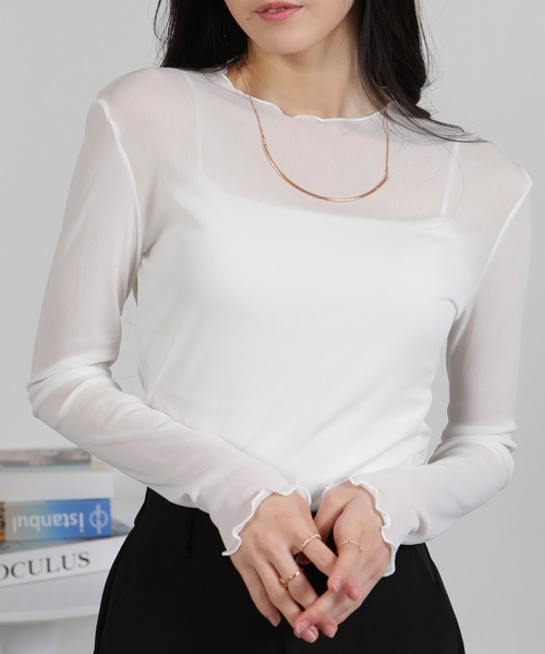 pumpkin port（パンプキンポート）の「シアーパワーネット トップスカットソー（Tシャツ/カットソー・レディース・グレー/オフホワイト/ブラック/アイボリー・M）」の7枚目の写真