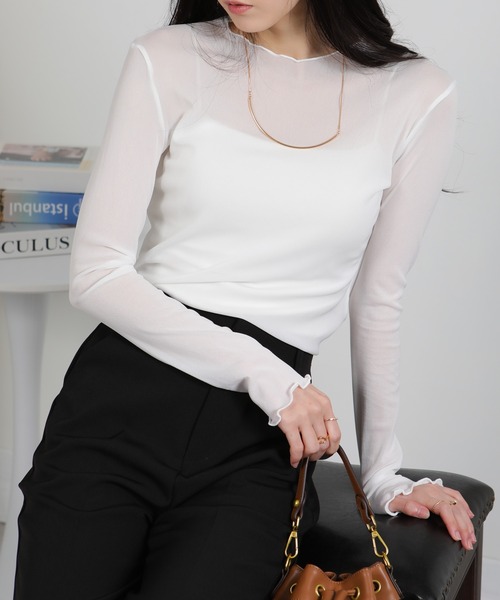 pumpkin port（パンプキンポート）の「シアーパワーネット トップスカットソー（Tシャツ/カットソー・レディース・グレー/オフホワイト/ブラック/アイボリー・M）」の11枚目の写真