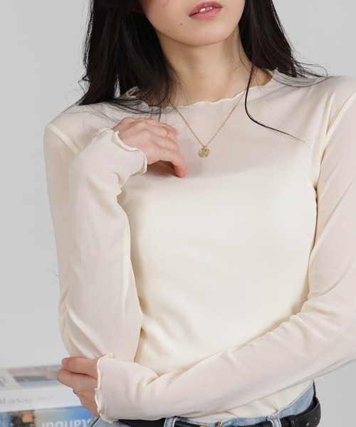 pumpkin port（パンプキンポート）の「シアーパワーネット トップスカットソー（Tシャツ/カットソー・レディース・グレー/オフホワイト/ブラック/アイボリー・M）」の15枚目の写真