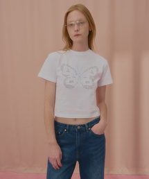 テキストバタフライクロップ半袖Tシャツホワイト
