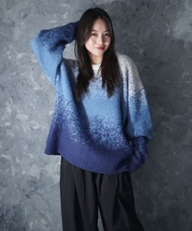 NOIZY | Gradient Animal Shaggy Knit / グラデーション 総柄 プルオーバー クルーネック シャギーニット(ニット/セーター)