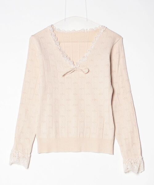 gossip!ロサンゼルス(ゴシップロサンゼルス)の「【Y2Kガーリー】 レーストリム透かし編みVネックリボンニット(ニット/セーター・レディース・ベージュ・M)」の9枚目の写真