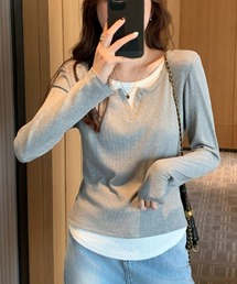フェイクレイヤード ヘンリーネック ロングスリーブトップス